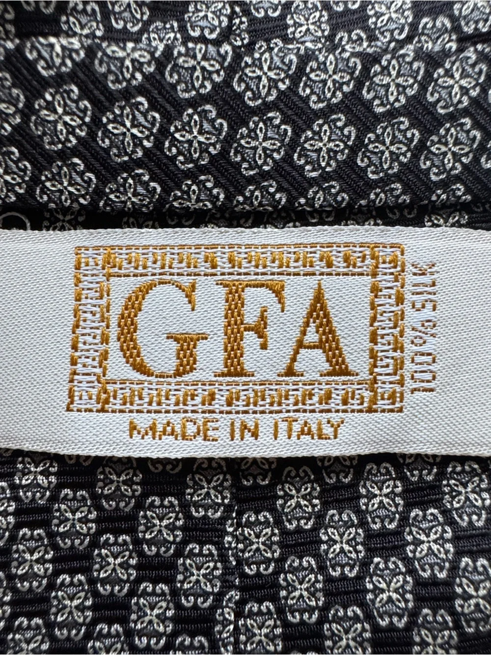 Vintage GFA Made in Italy 100% Silk Tie Navy Gray Geometric Medallion Necktie
